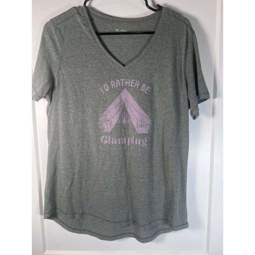 Reel Legends Women’s Large Glamping Graphic T Shirt Gray Pink V Neck